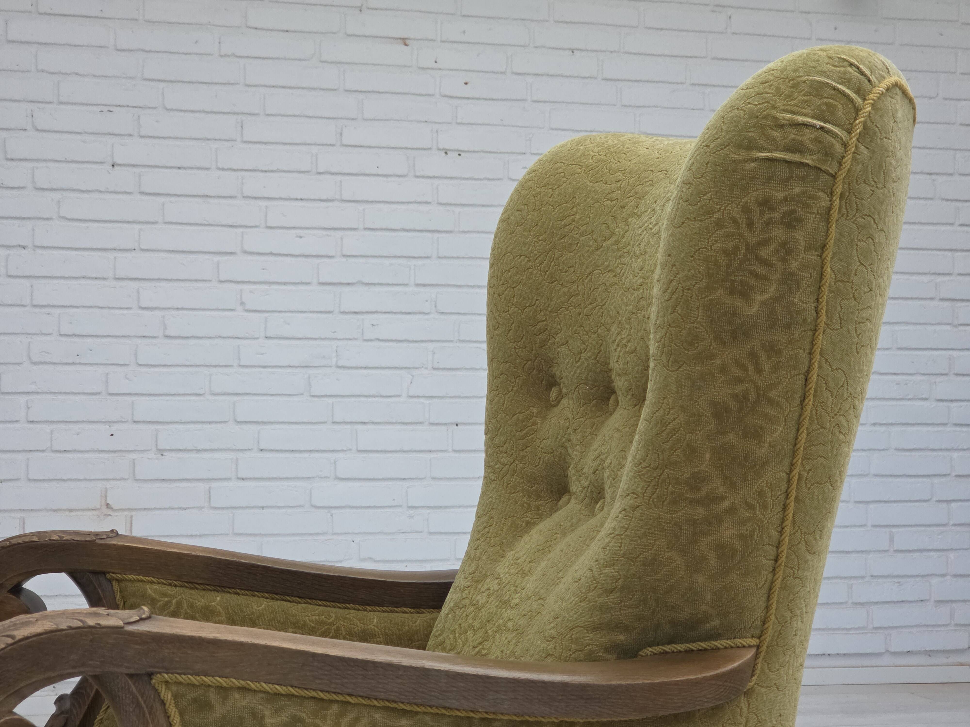 1960s, Danish highback armchair, furniture cotton/wool fabric, oak wood.