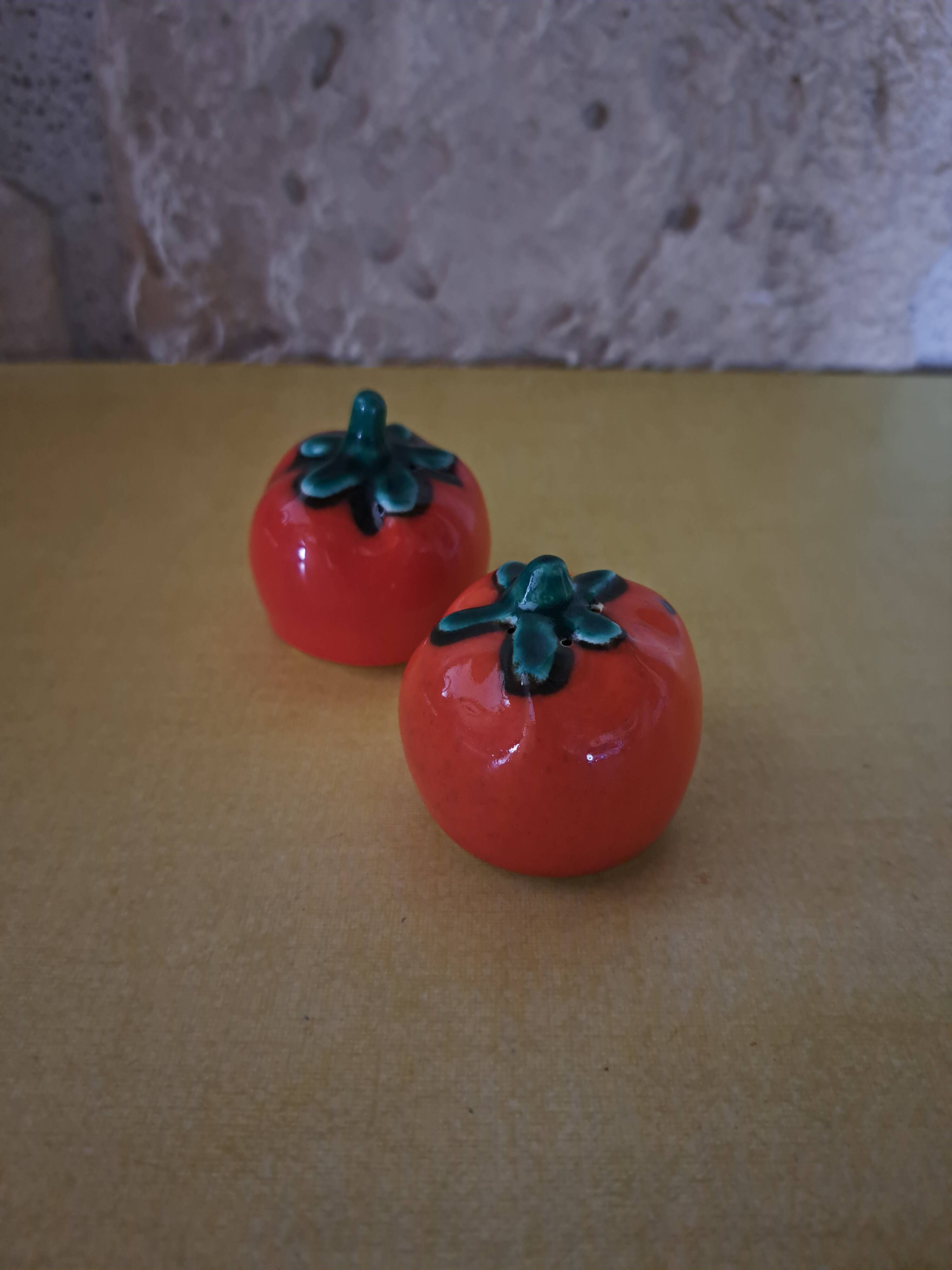 Vintage slip tomato salt and pepper shakers