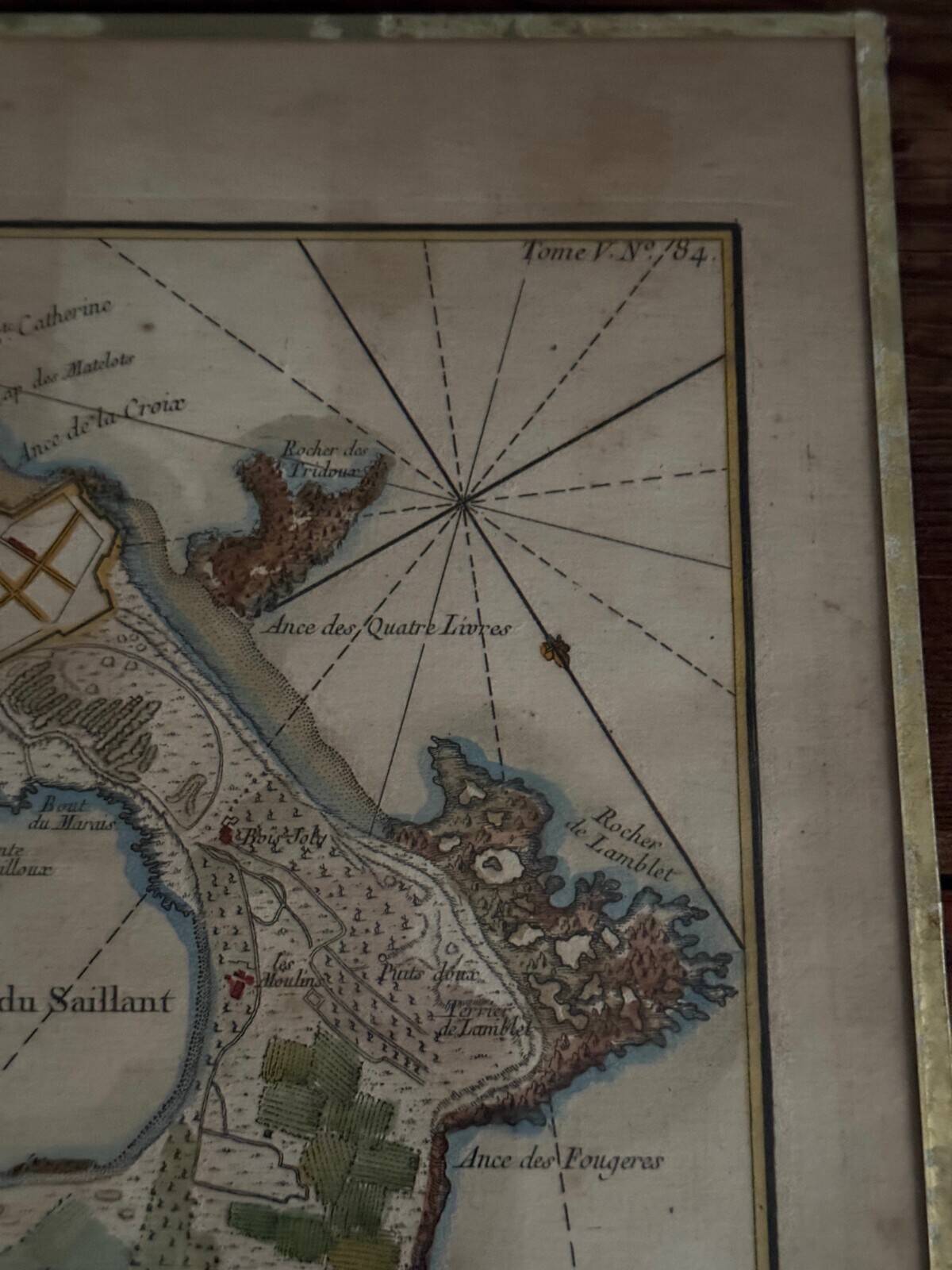 Color engraving under glass, plan of Isle Daix, 18th century