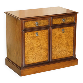 Walnut burr buffet with quarter cut, featuring two drawers and a cabinet base.