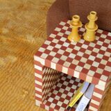 Side table - open cube bedside table with checkerboard in bone and terracotta resin