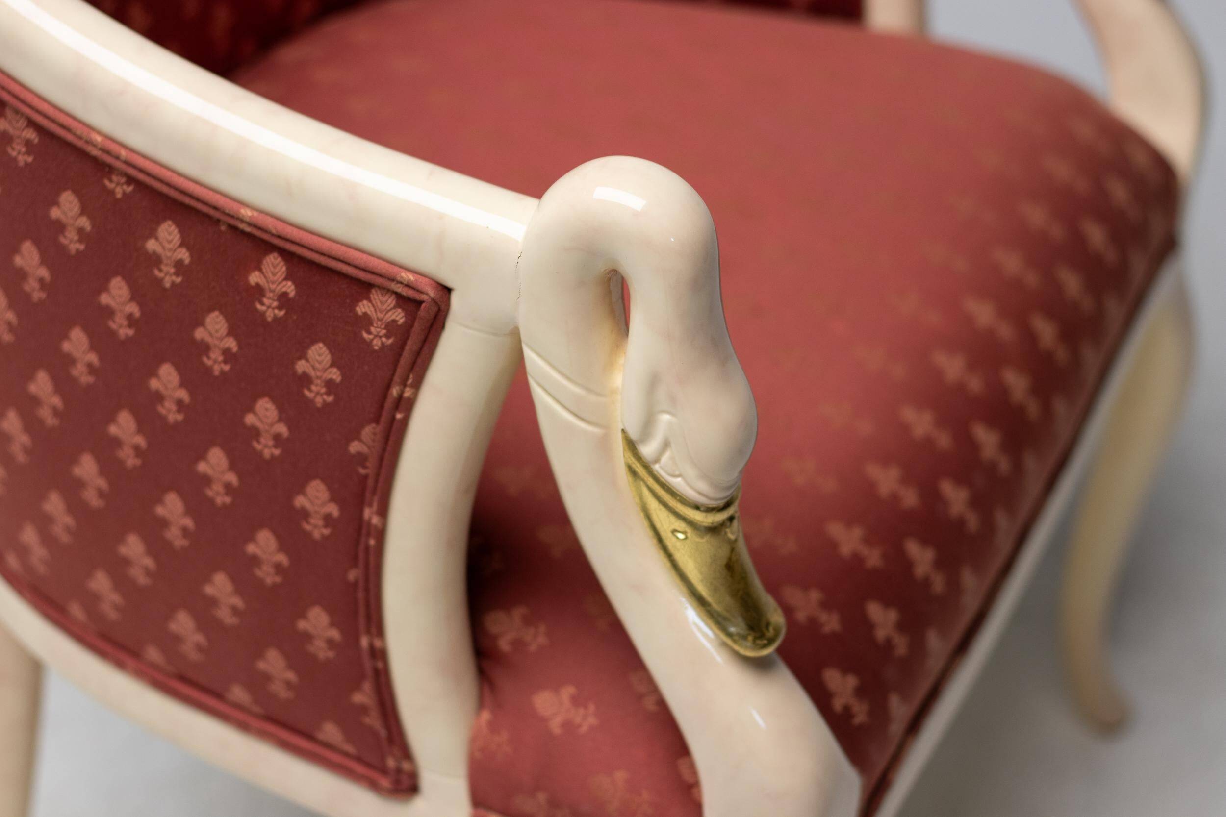 Trüggelmann - Swan neck armchair - Marble and gold base, poppy red damask