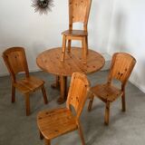 French design pine table and chair set from the 70s brutalist vintage arcs