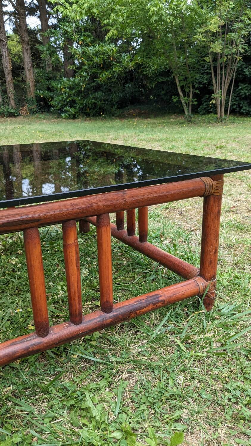 Vintage bohemian chic 70s smoked glass bamboo coffee table