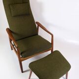 Set Of 2 Armchairs With Stool Made In Green Fabric & Teak By Alf Svensson For Fritz Hansen From 1960