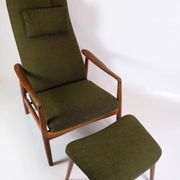 Set Of 2 Armchairs With Stool Made In Green Fabric & Teak By Alf Svensson For Fritz Hansen From 1960