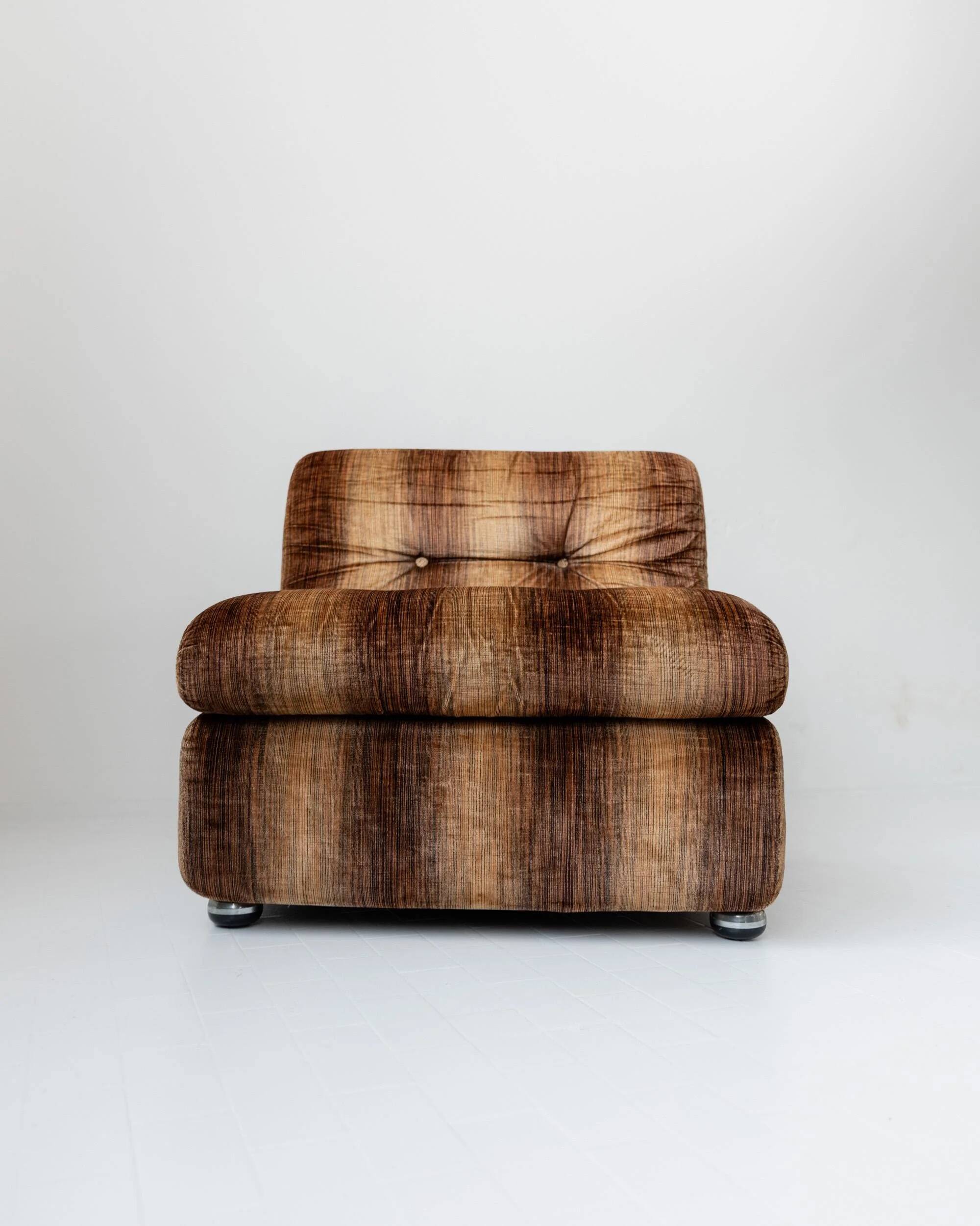 Vintage armchair from the 1970s, by Europoltrona Italy, brown striped velvet, Space Age design.