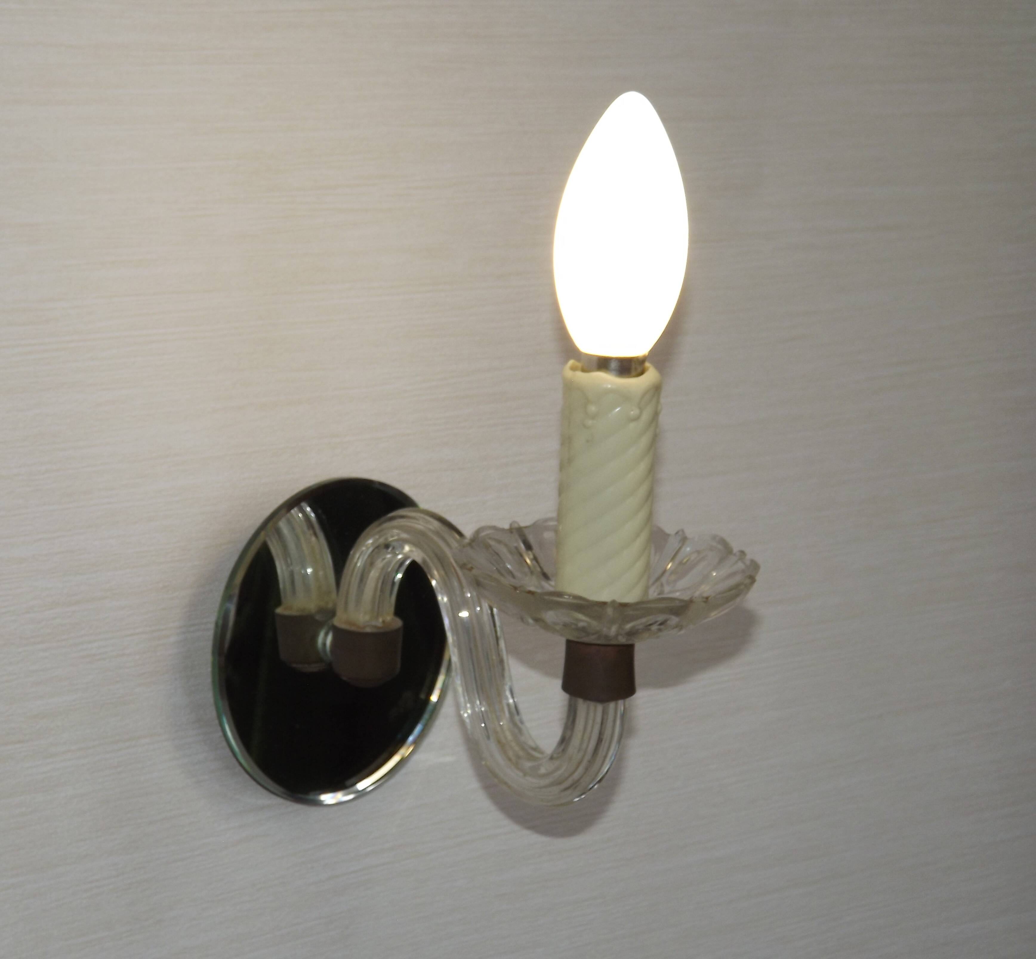 French Vintage Small Mirrored Backplate Wall Sconce Glass Arm & Bobeche