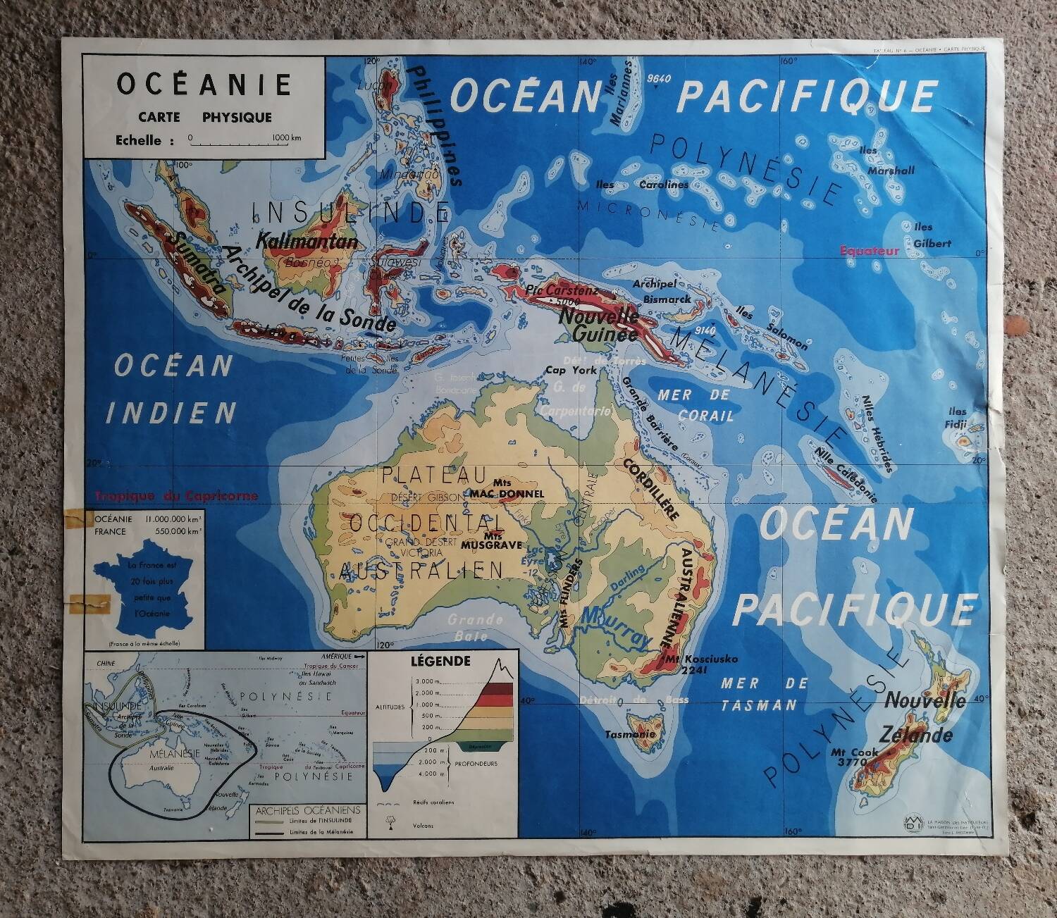 Vintage school map mdi Oceania - South America.