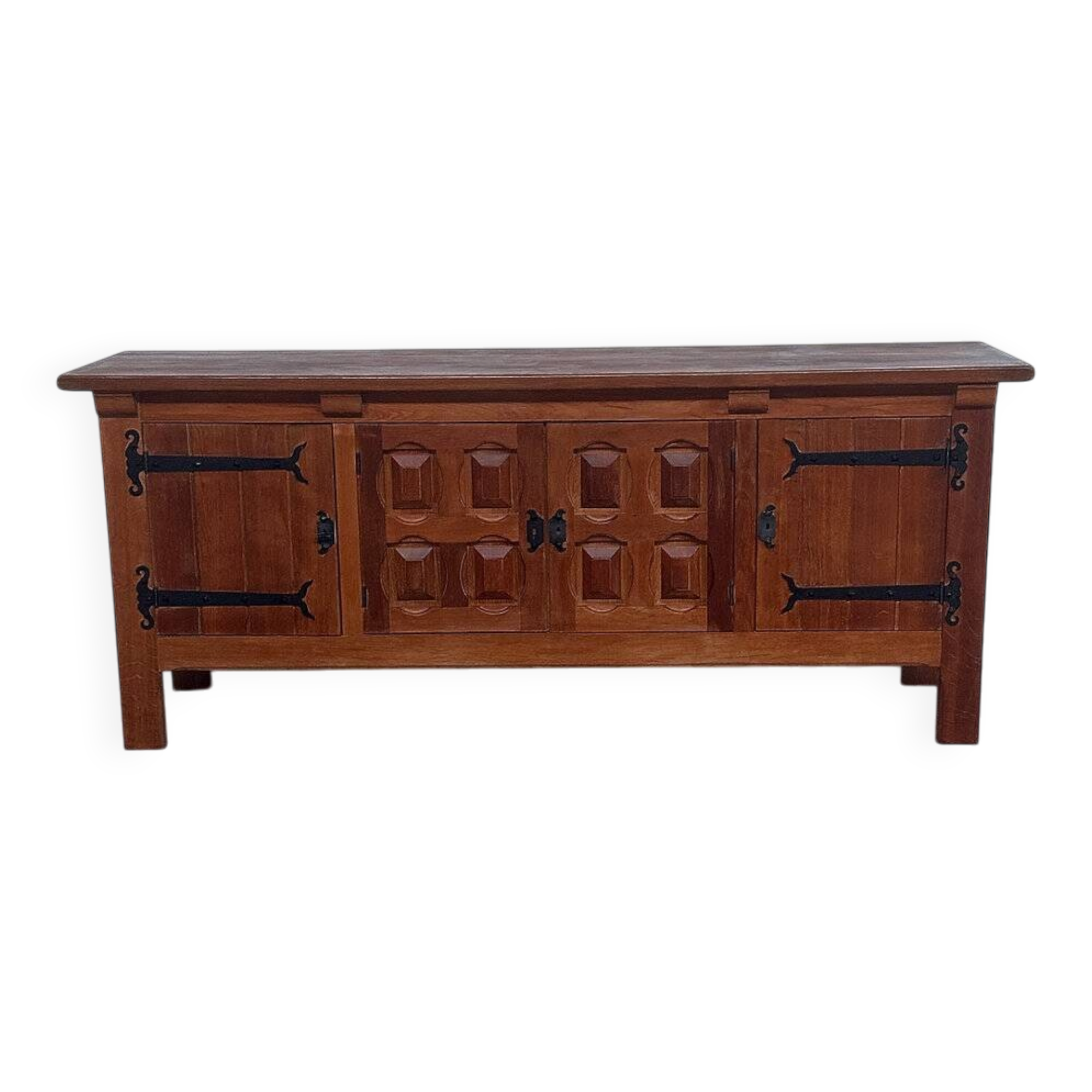Brutalist solid oak sideboard with hand-forged iron hardware, Belgium, 1970s