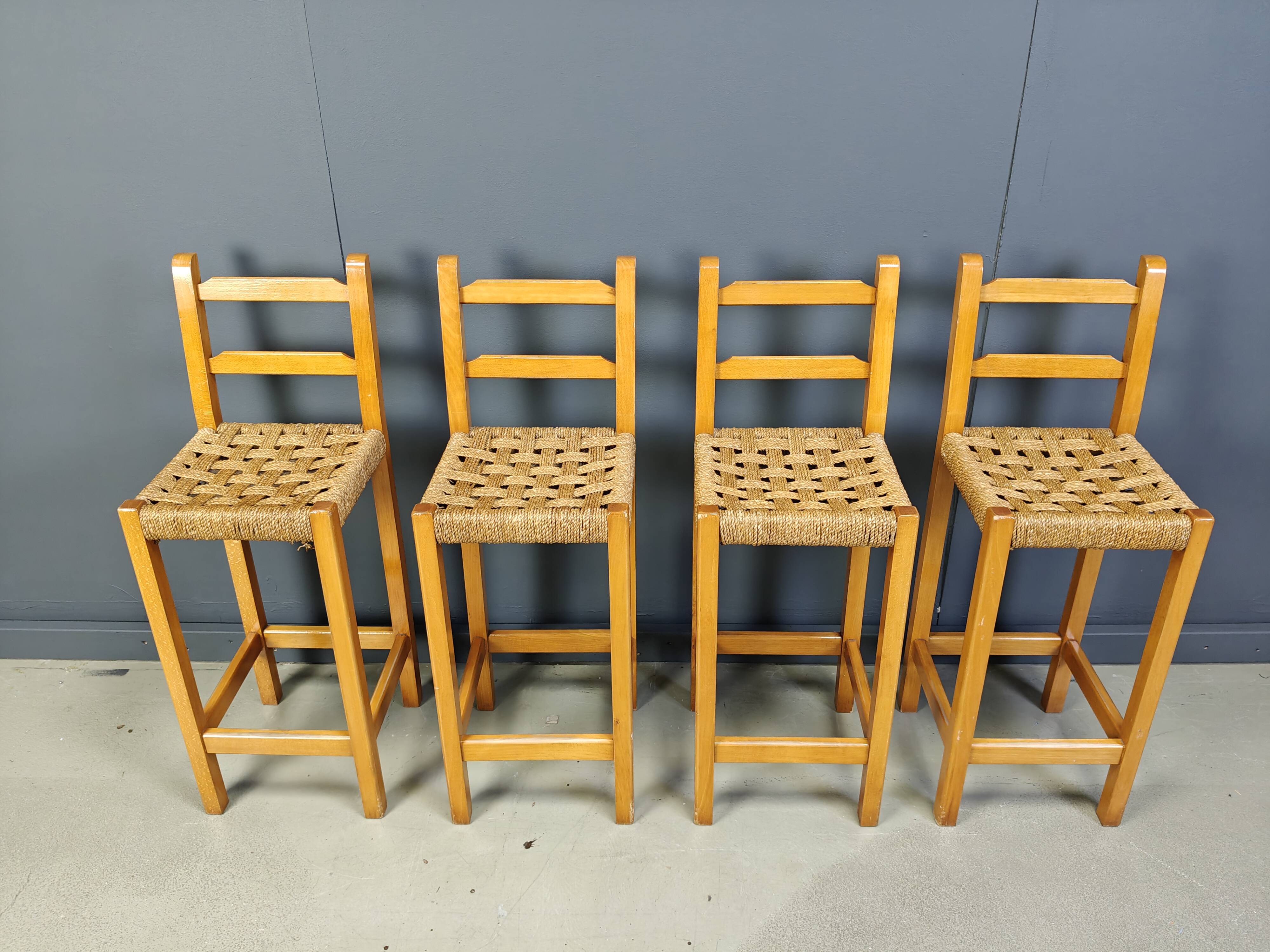 Vintage oak and papercord bar stools, 1960s