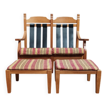 Banquette vintage 2 places et repose-pieds en chêne