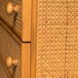 Chest of drawers and bedside table in rattan cane and oak, vintage 1970s