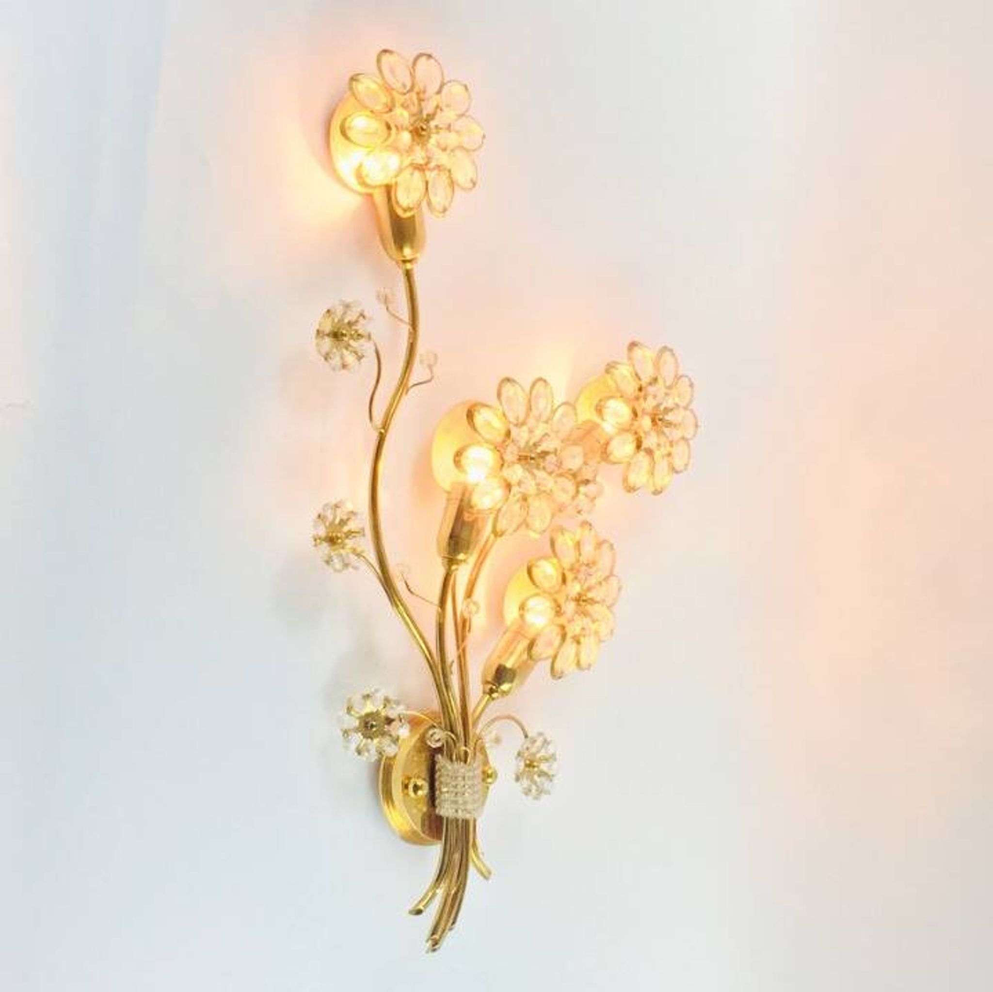 Pair of Extra Large Mid Century Gilt Brass & Crystal Flower Shape Wall Lights from Palwa, Germany