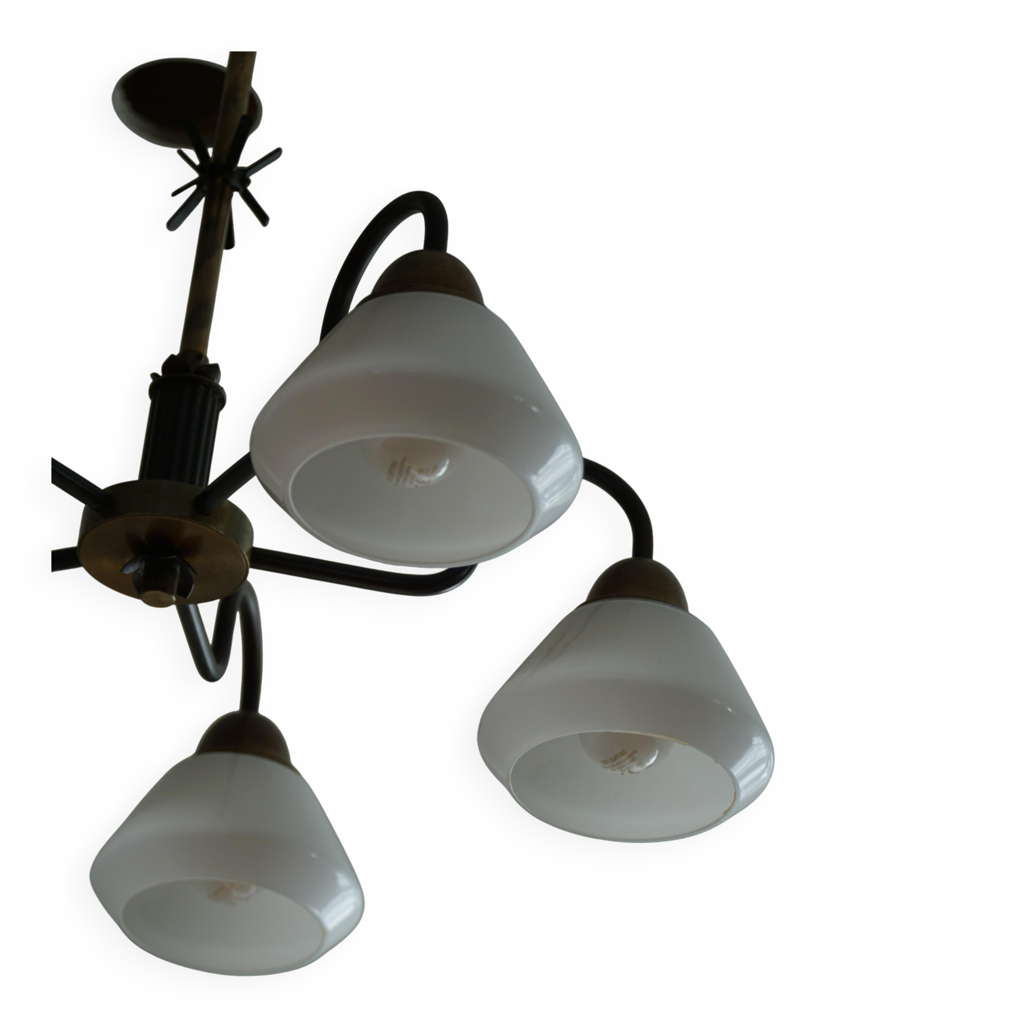 A modern Danish chandelier with 5 heads in opaline glass and brass, Art Deco, 1940s.
