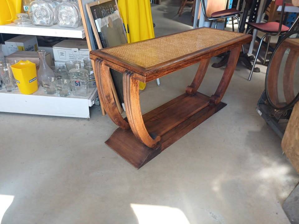 Table console Art Déco en bois et cannage