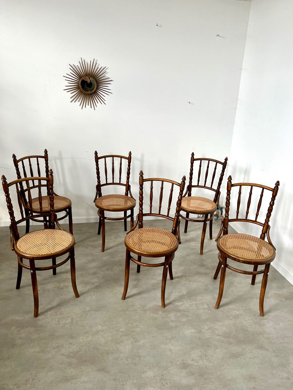 Lot 6 old vintage wooden bistro chairs brand Fischel early 20th century