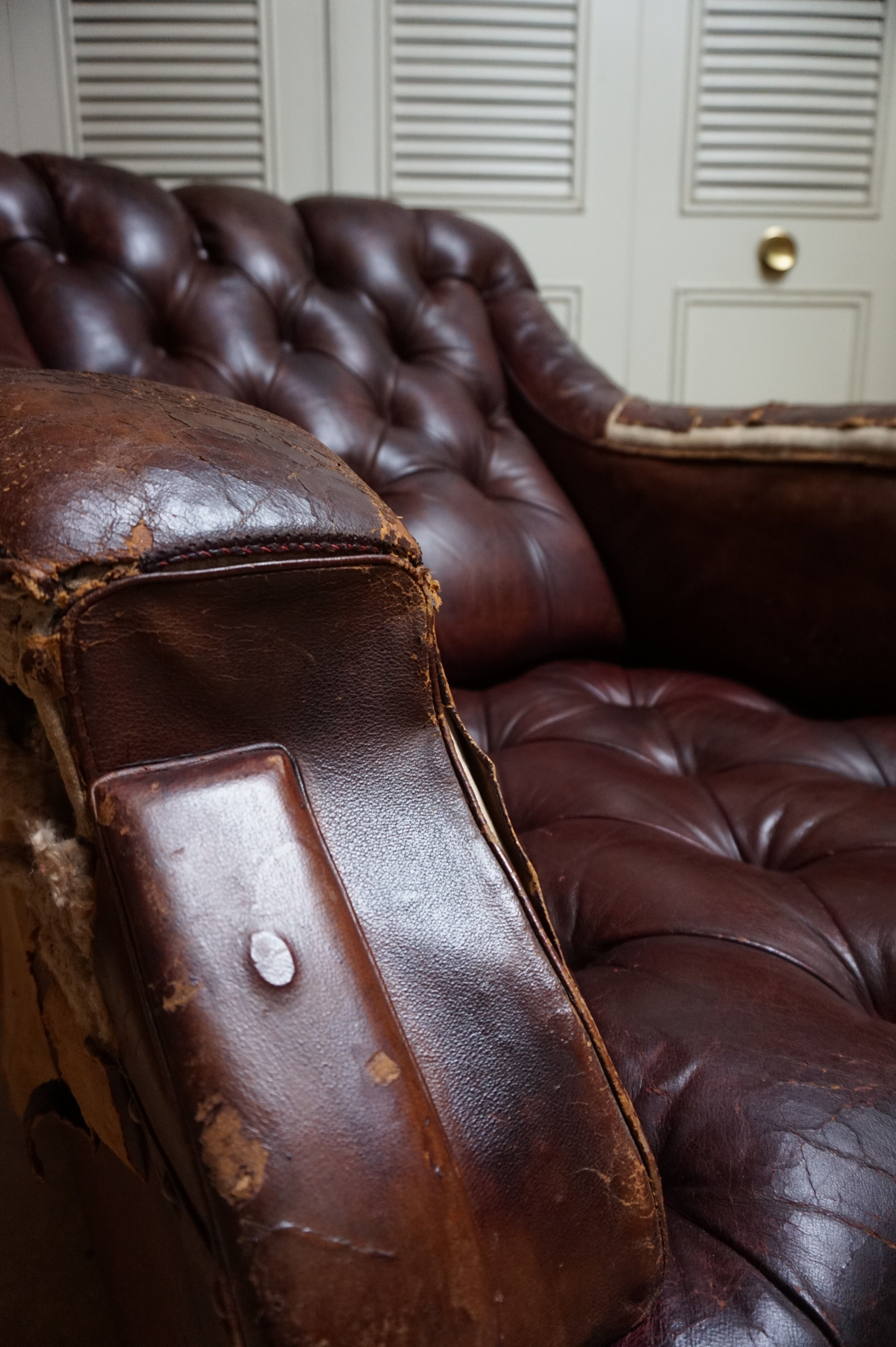 Worn Leather Buttoned Library Fireside Armchair, 1840's