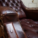 Worn Leather Buttoned Library Fireside Armchair, 1840's
