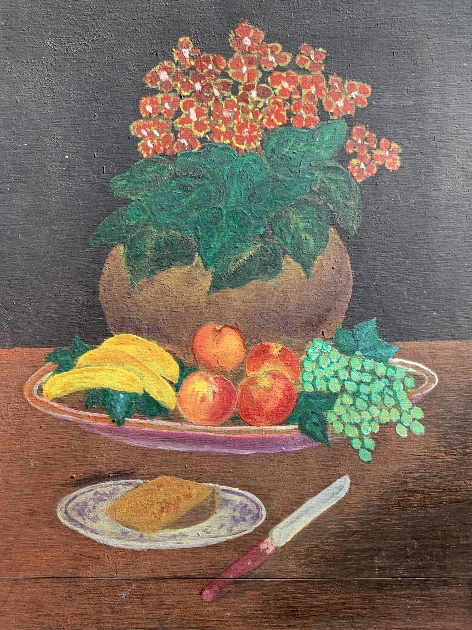 Small naive painting, still life from the 1950s