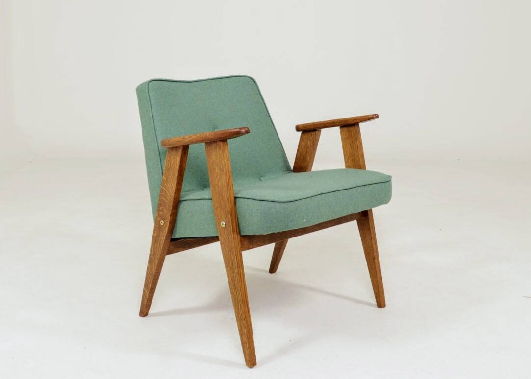 Fauteuil vintage en laine verte et bois de chêne