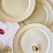 Set of 6 antique off-white porcelain dessert plates with gold trim