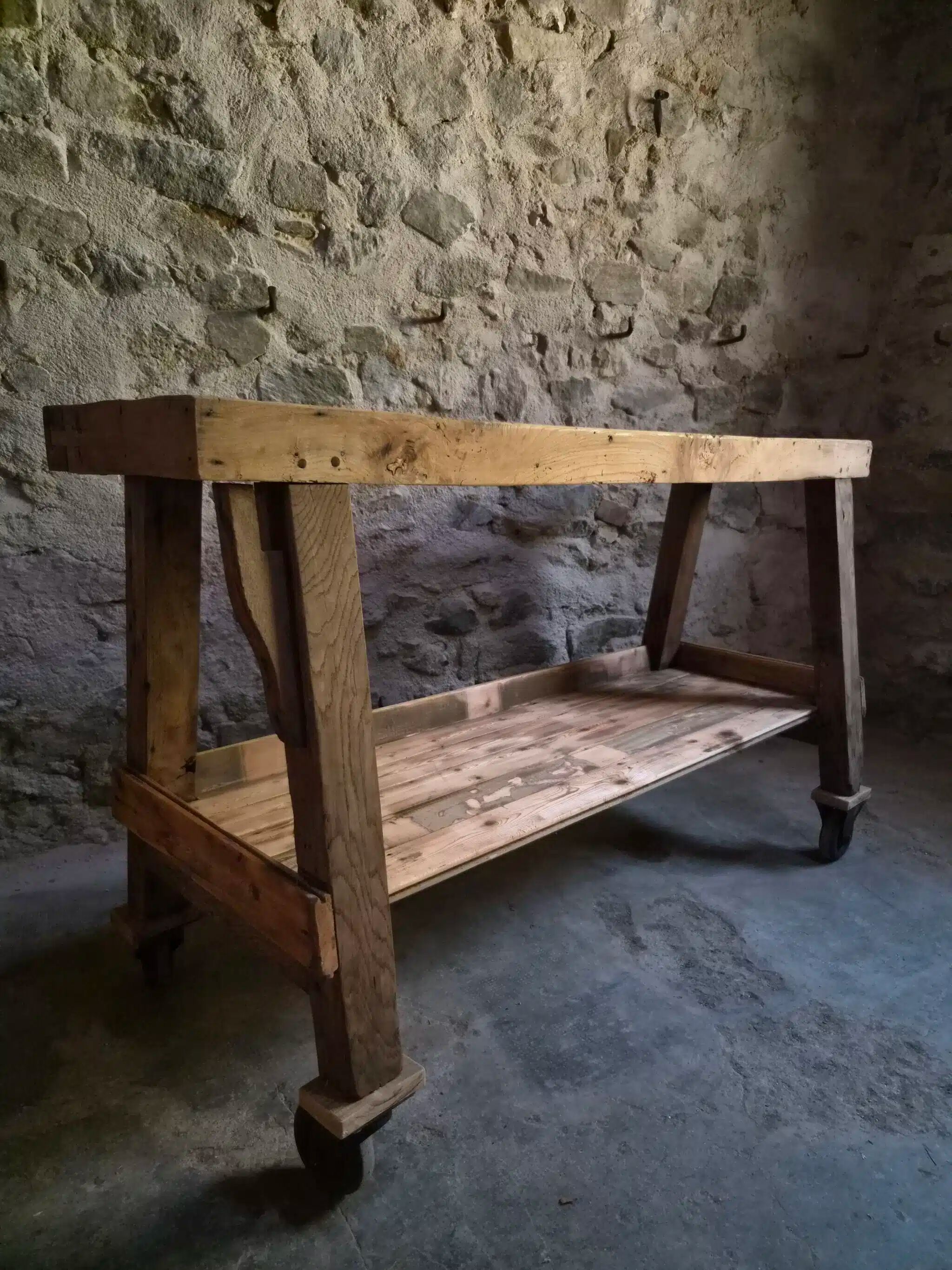 French industrial kitchen island, antique work table in chestnut and oak, circa 1900.