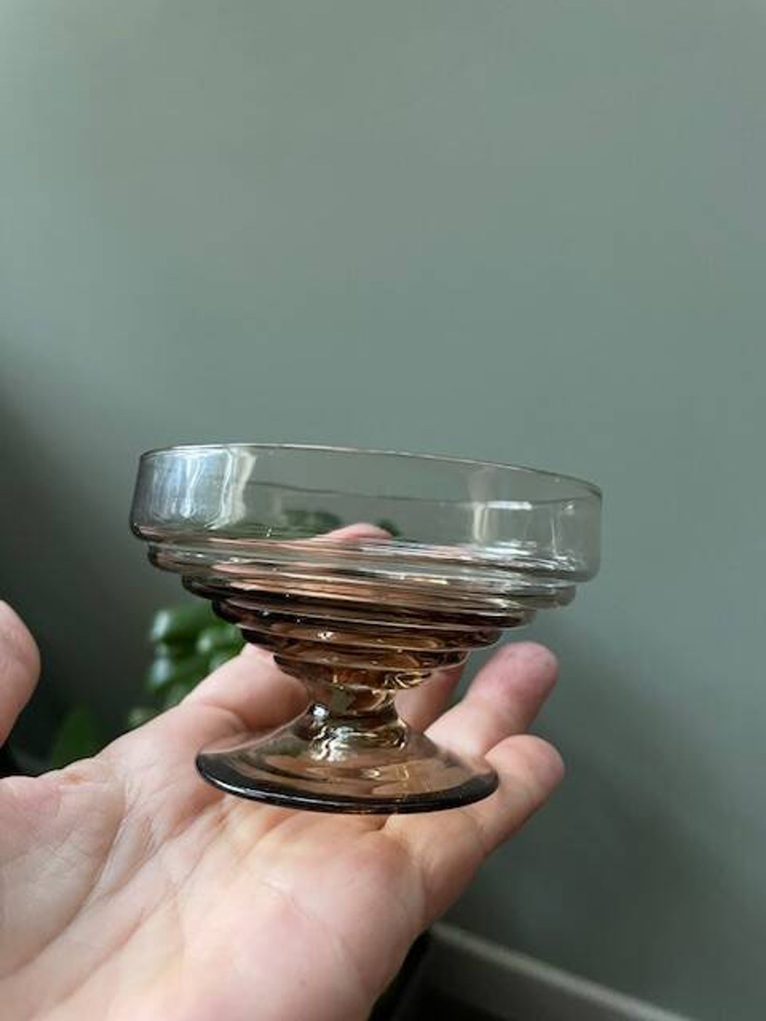 6 vintage ice cream coupes, blown glass brown fruit