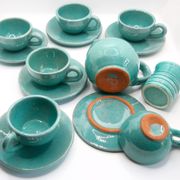 Set of 6 cups in turquoise blue enamelled earth with their saucers and milk jar