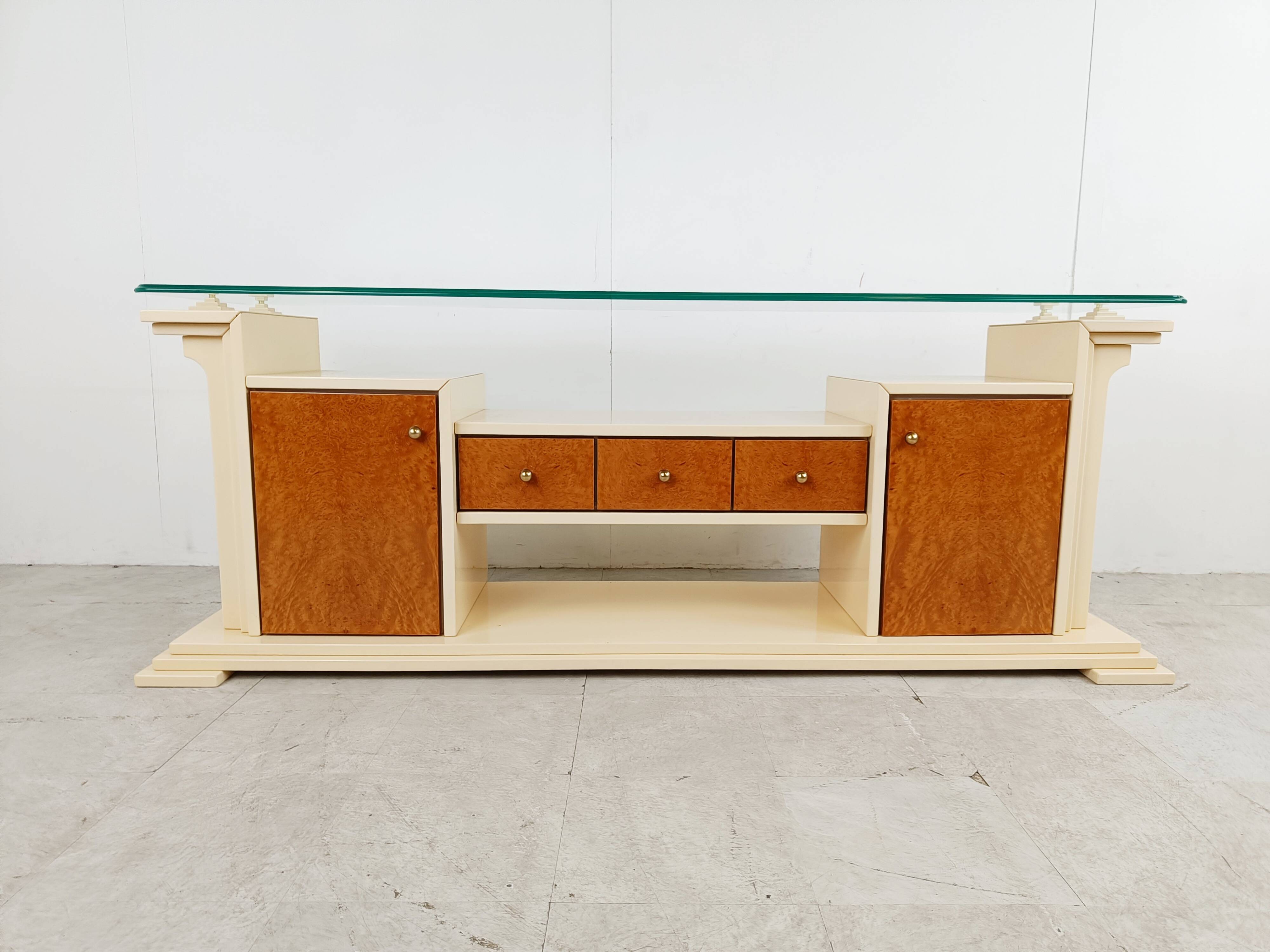 Vintage lacquer and burl wood credenza, 1980s