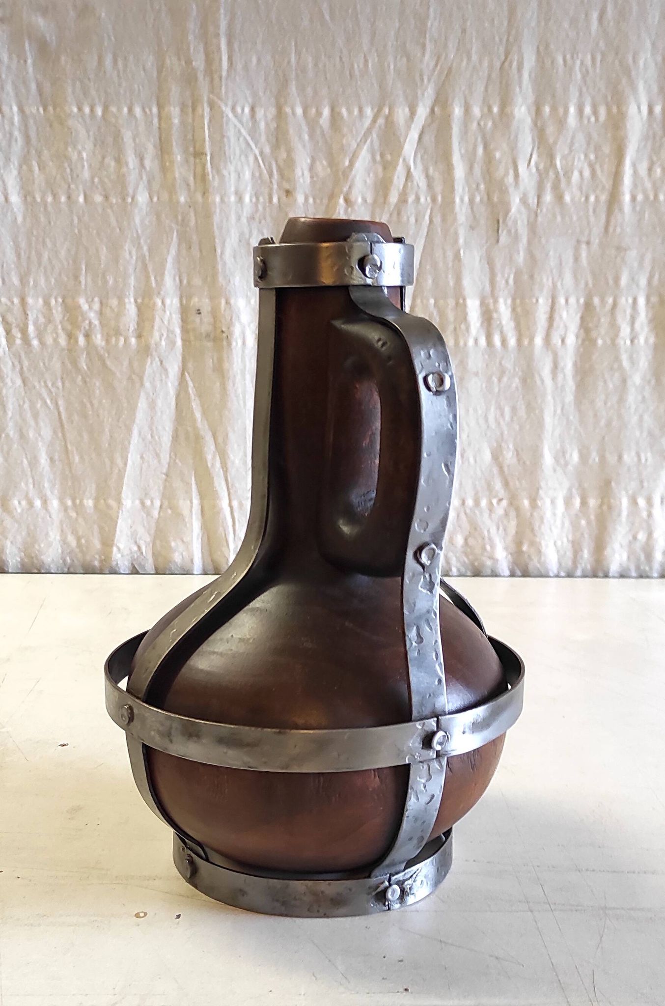 Vase / jug in solid wood and metal - mid 20th century