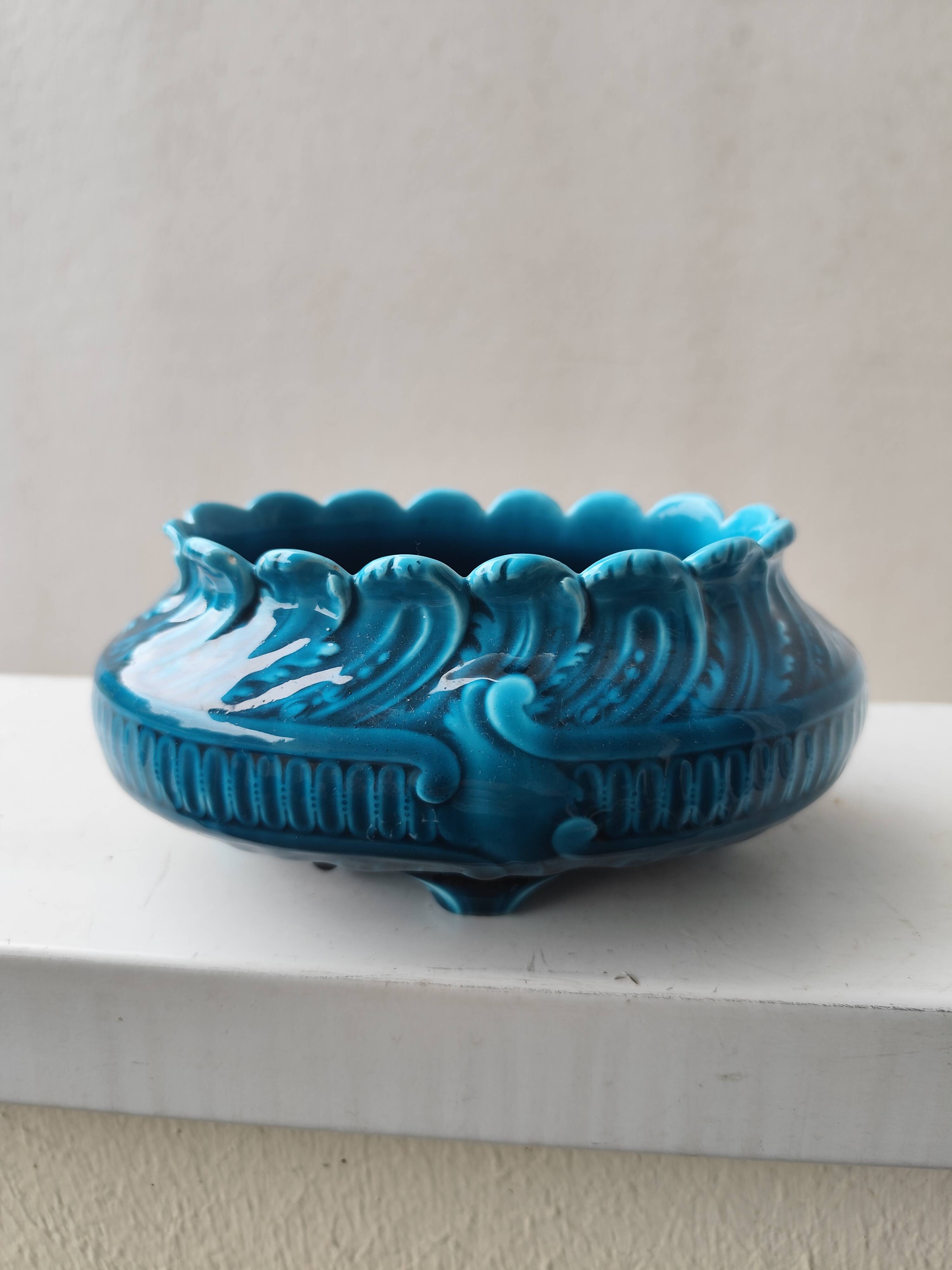 Blue glazed ceramic vase and pocket planter by Théodore Deck.