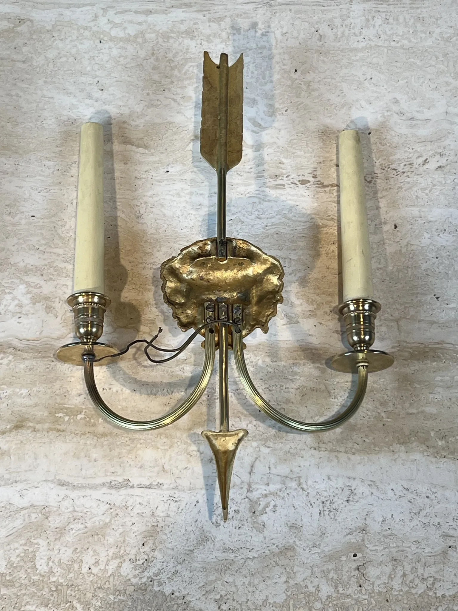 Pair of Two-Arm Bronze Wall Lights with Arrow and Mask Decoration
