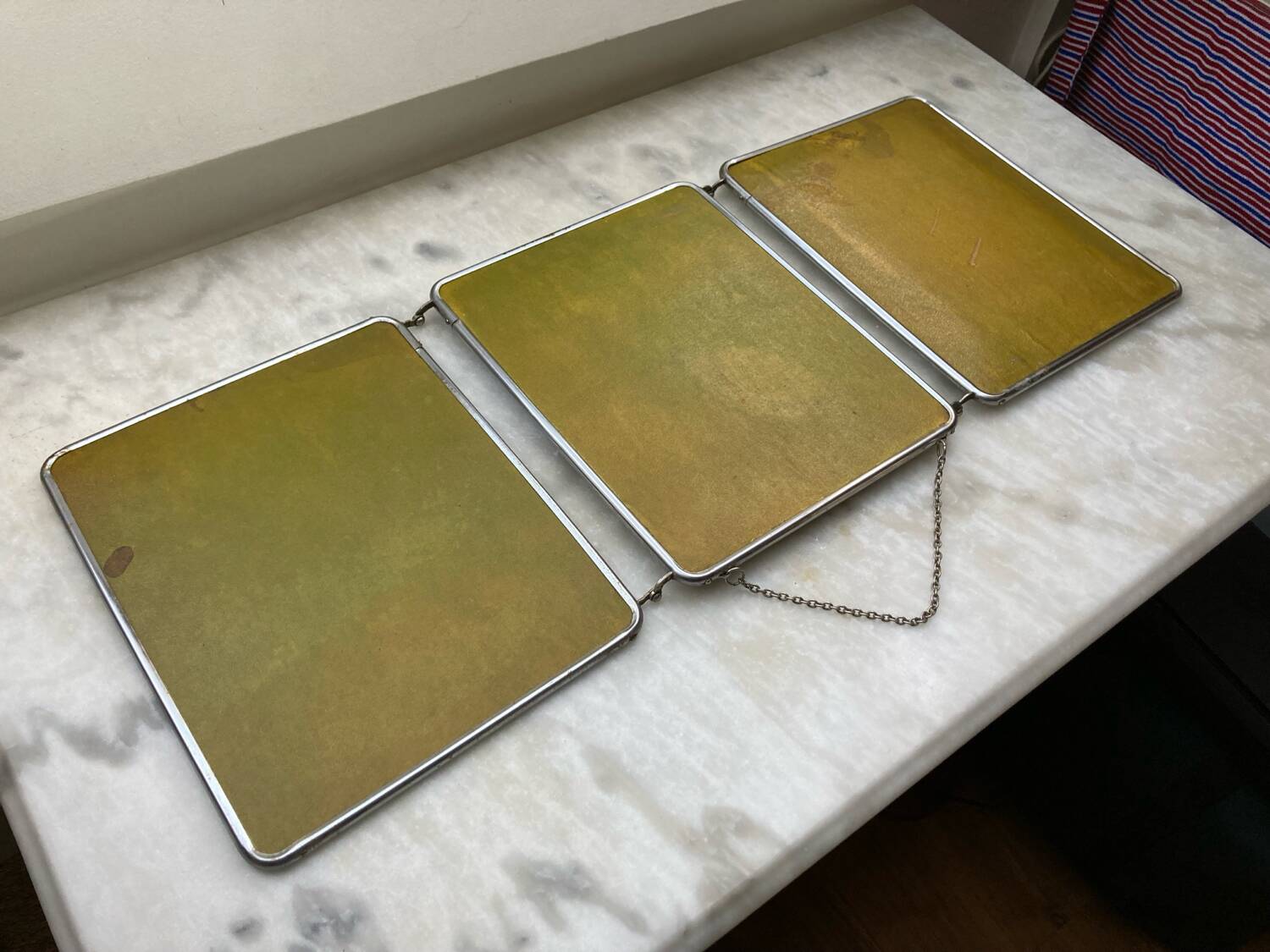 Vintage vertical beveled triptych barber mirror