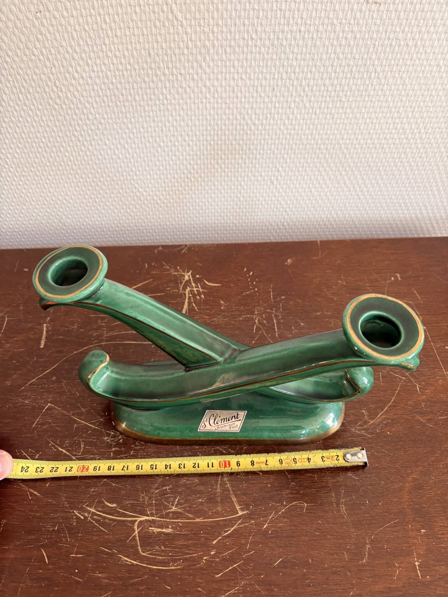 Antique Candle Holder Chandelier 2 Arms Saint Clément Glazed Green Ceramic
