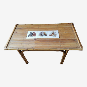 Coffee table bamboo rattan ceramic decollee 1960 70