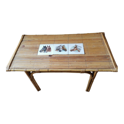 Table basse bambou rotin ceramique decollée 1960 70