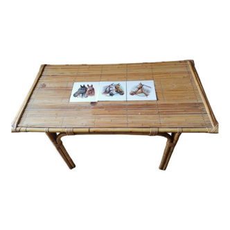 Coffee table bamboo rattan ceramic decollee 1960 70