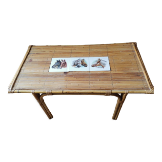 Table basse bambou rotin ceramique decollée 1960 70