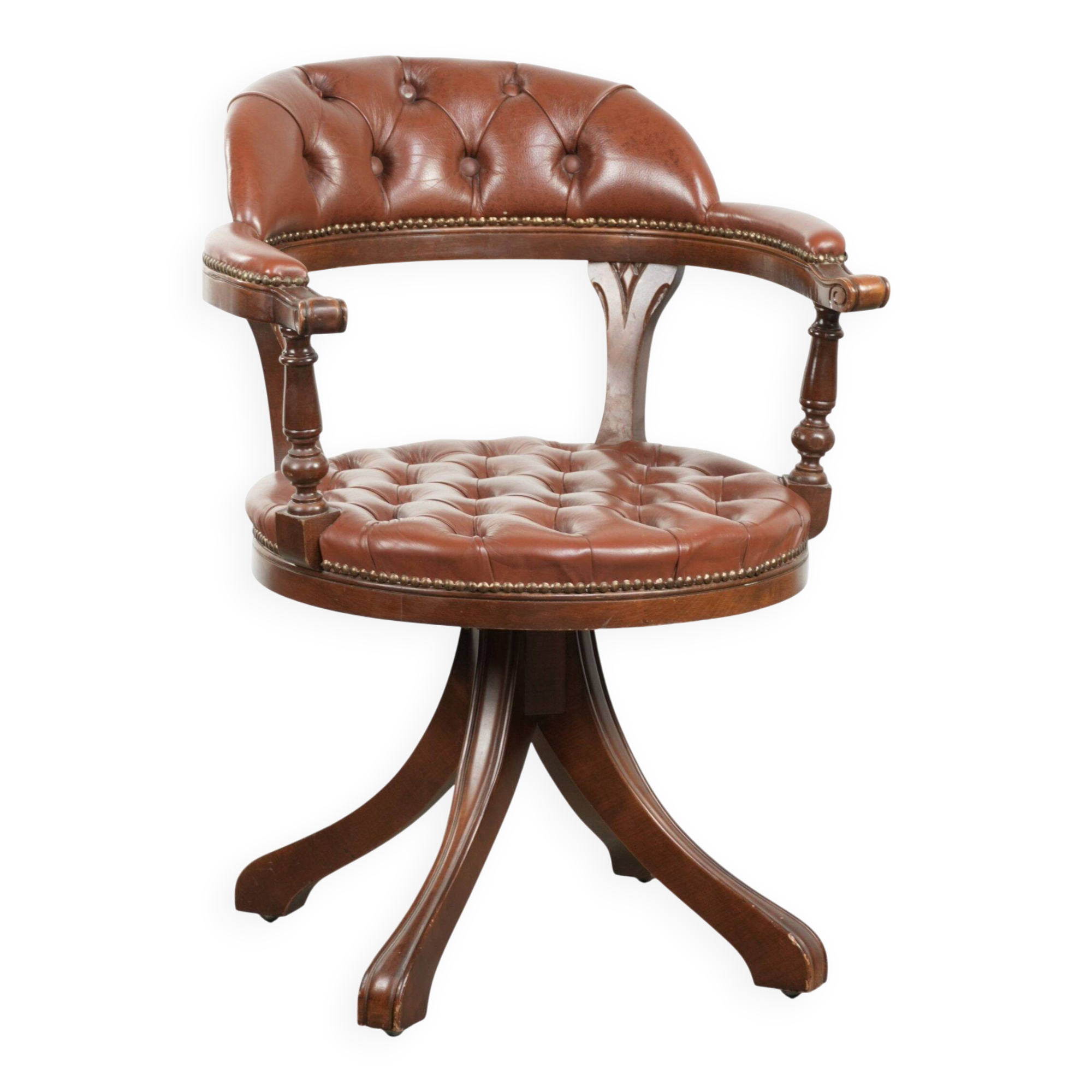 Swivel cowhide English style chesterfield office chair in a brown colour