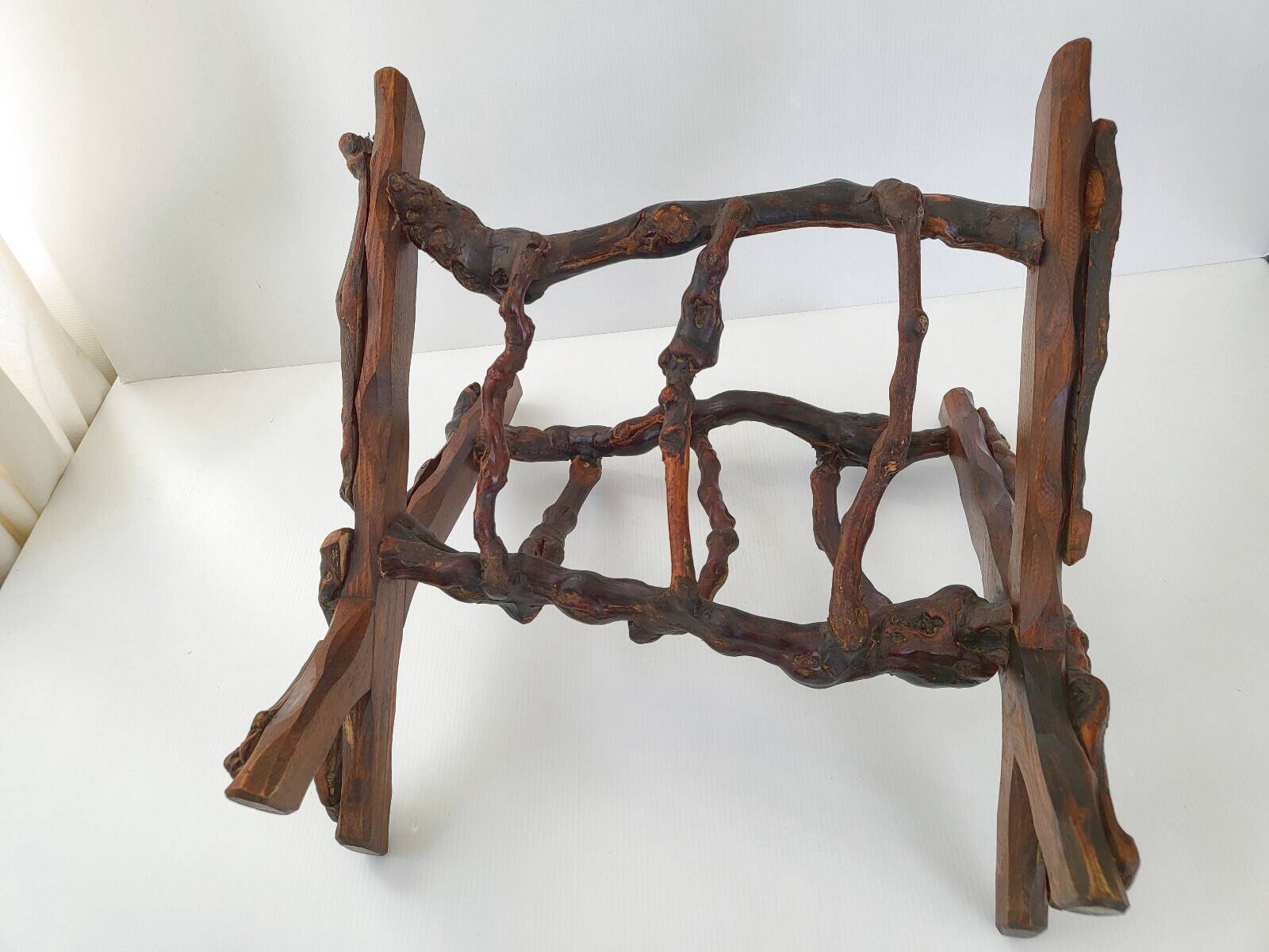 Vintage brutalist magazine rack 1970 wood & vine branch 70s 1970s year