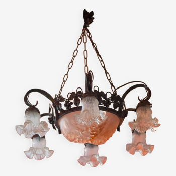Art Nouveau chandelier signed Degué, wrought iron and glass chandelier, ceiling lamp, ceiling lamp
