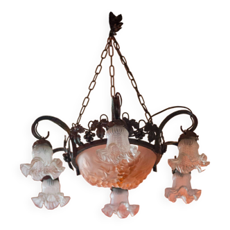 Art Nouveau chandelier signed Degué, wrought iron and glass chandelier, ceiling lamp, ceiling lamp