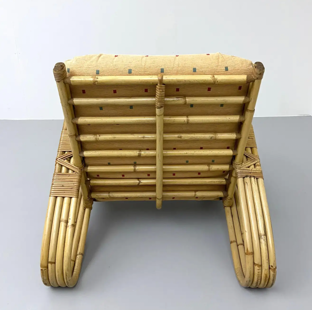 Chaise longue en rotin, bambou et tissu, France, années 1960