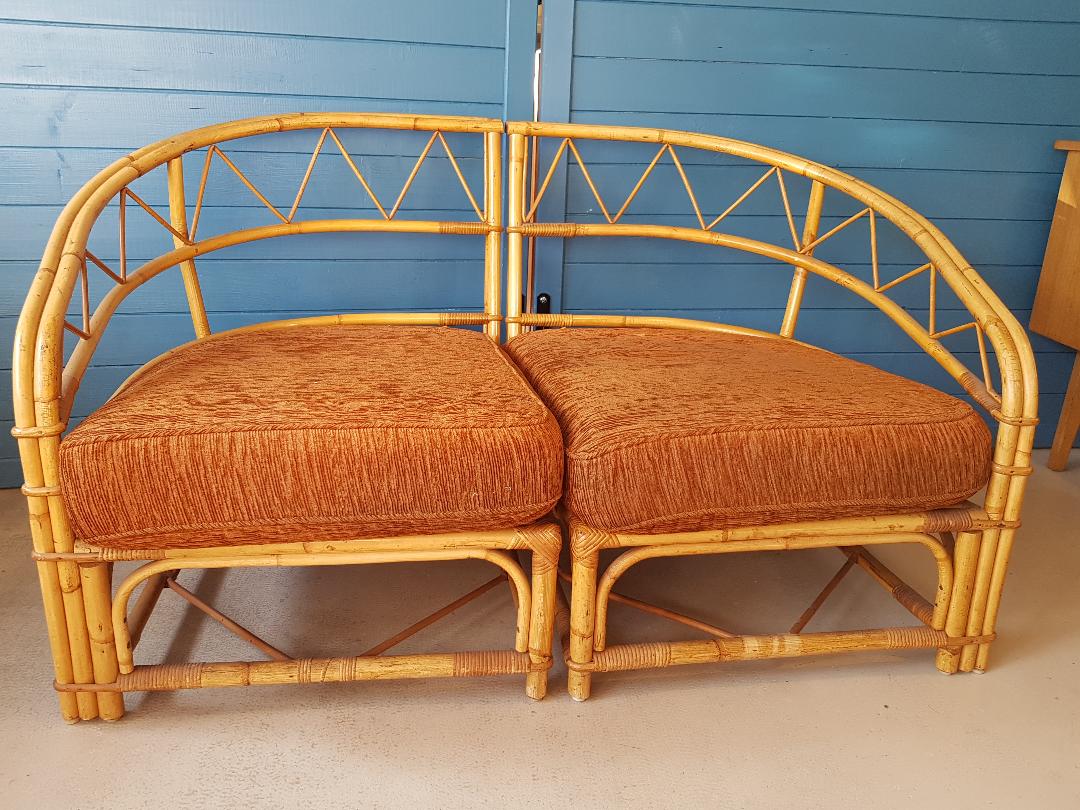 Canapé rotin vintage 3 places, 3 modules- possibilité banquette et chauffeuse