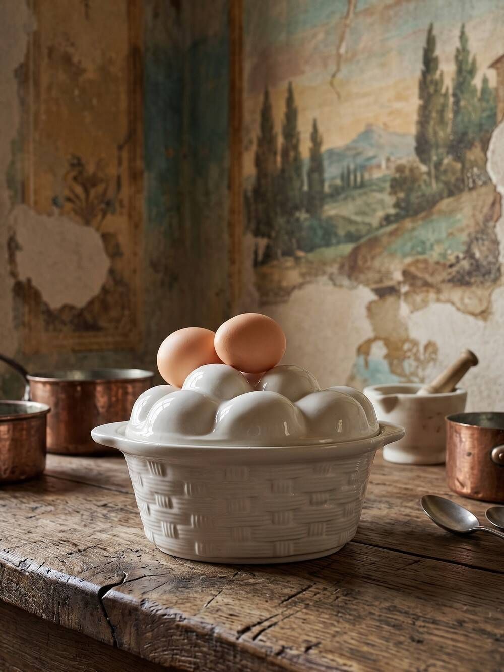 Vintage trompe-l’œil terrine with eggs in white earthenware, 1960s-1980s