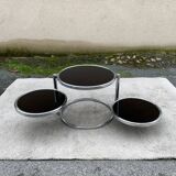 Articulated coffee table with 3 shelves, black glass and chrome, 1980