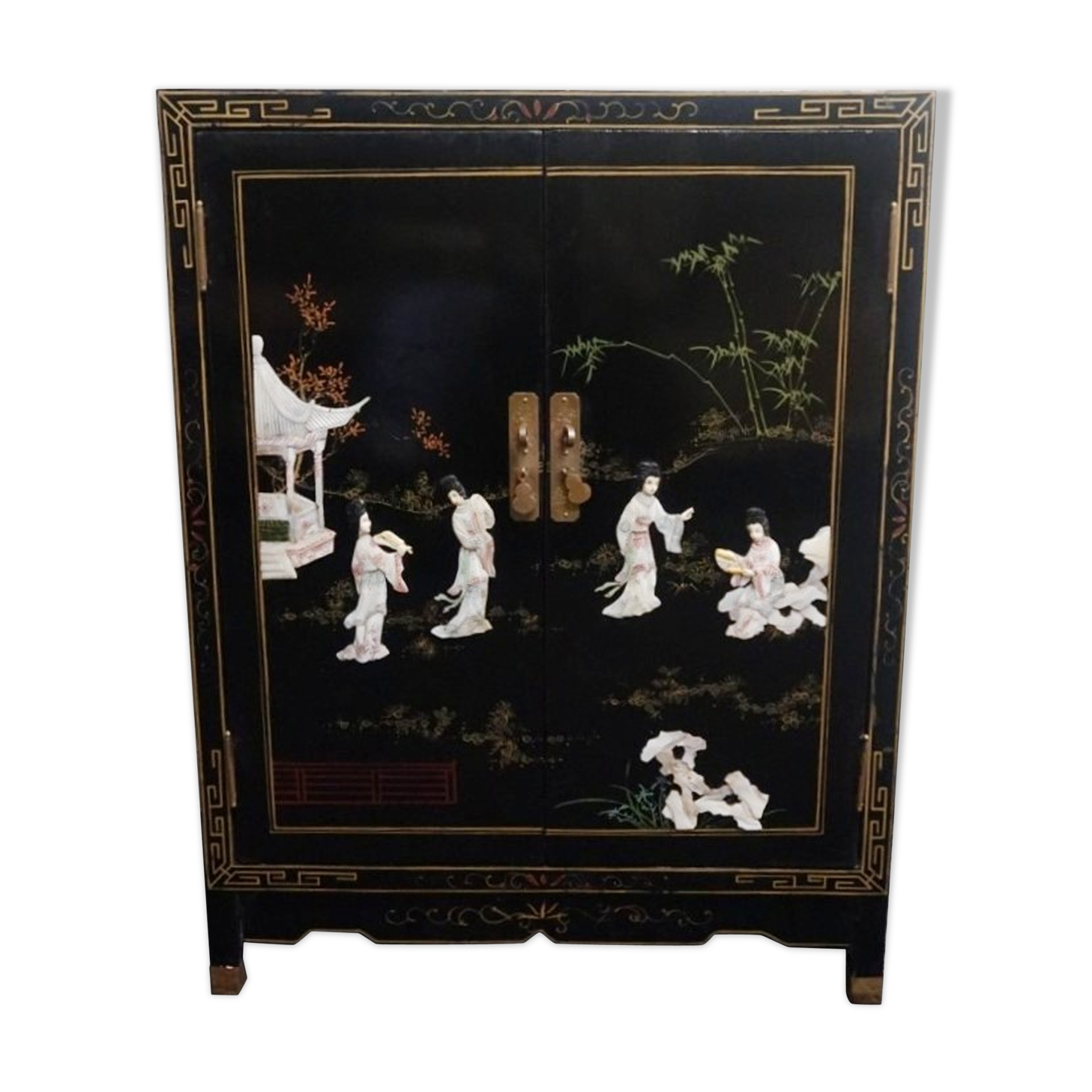 Small furniture in black Chinese lacquer with carved soapstone, mother-of-Pearl inlay.