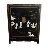 Small furniture in black Chinese lacquer with carved soapstone, mother-of-Pearl inlay.
