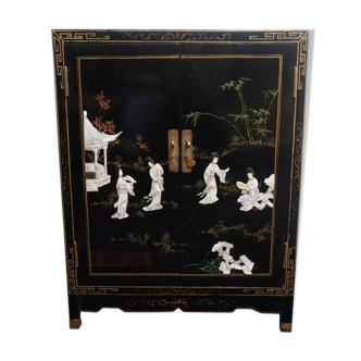 Small furniture in black Chinese lacquer with carved soapstone, mother-of-Pearl inlay.
